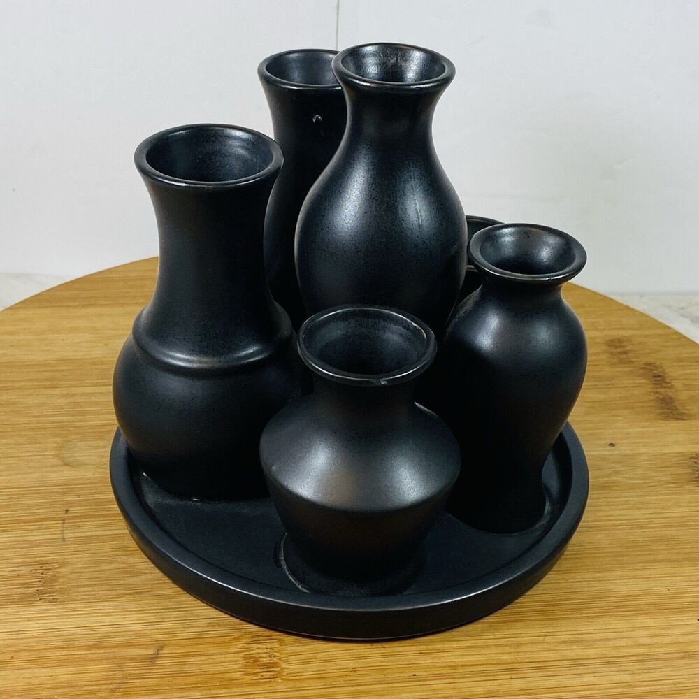 Ceramic 6 Different Sizes Vases In A Tray Black New - Picture 3 of 5